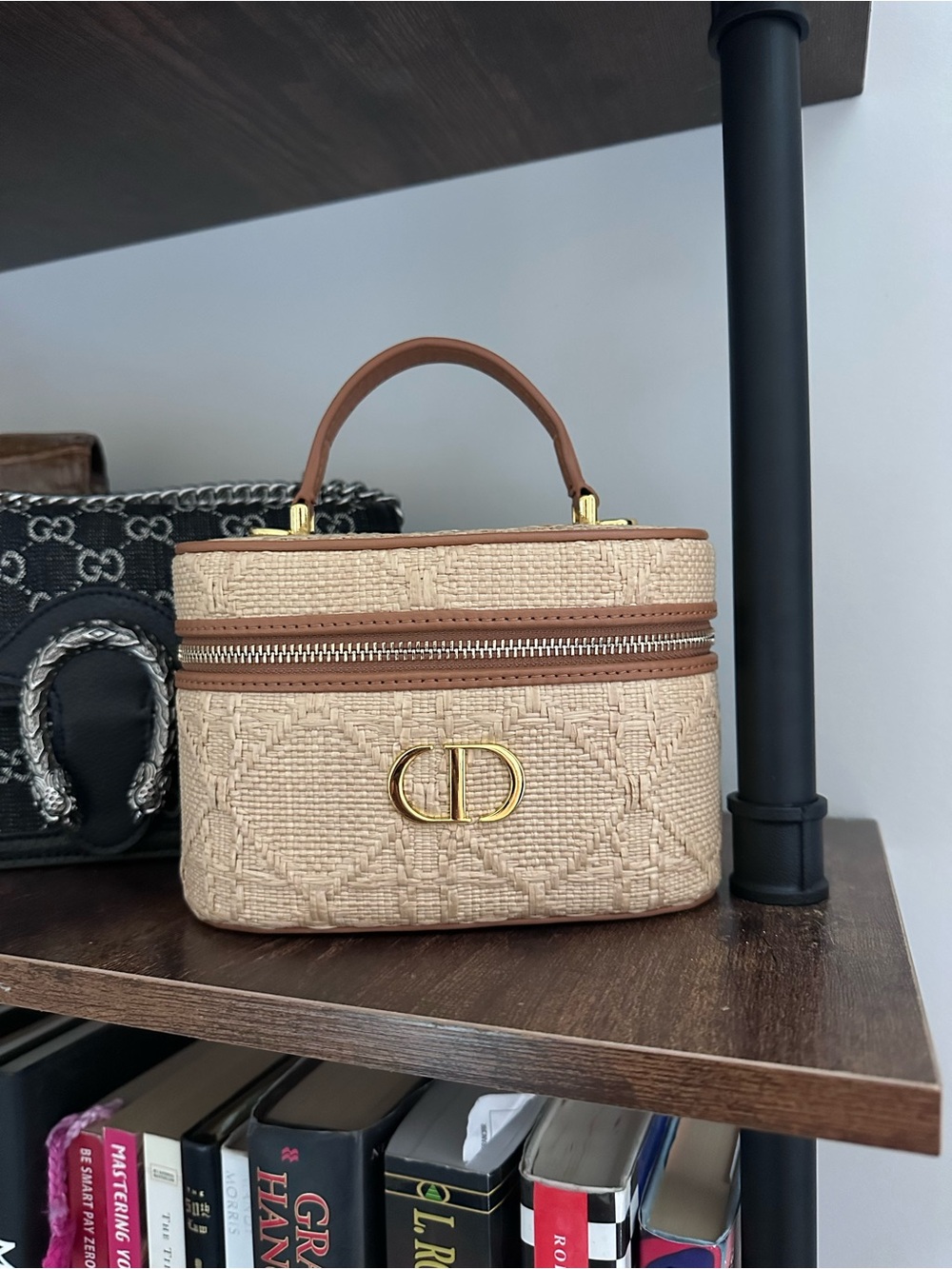 Dior Beige and Brown Woven Vanity Case with Gold Hardware